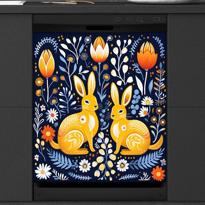 Easter Bunny Beautiful Flowers Dishwasher Magnet Cover, Reusable Refrigerator Panel Stickers Microwave Front Door Covers Magnets for Kitchen Home Appliances Holiday Party Decorations 23 X 26 in
