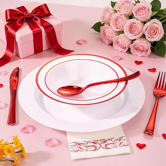 Goodluck 50 Pack Plastic Bowls with Red Rim, 12oz Disposable Soup Bowls, Heavy Duty Dessert Bowls for Weddings, Parties, Valentine's Day Dinners, Catering, Thanksgiving and Everyday Use