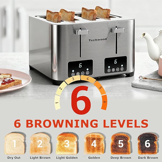 Toaster 4 Slice, Techwood Stainless Steel 4-Slice Toaster Wide Solt with LED Display & 6 Shade Settings, Perfect for Bagels, Waffles and More, Cancel/Defrost Functions & Removable Crumb Trays, 1500W