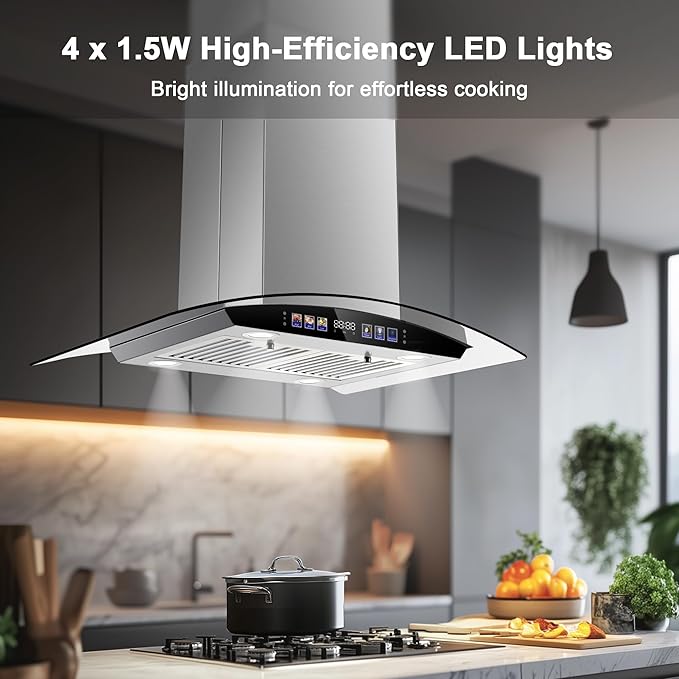 Island Range Hood 30 Inch 700 CFM Ceiling Mount Kitchen Vent Hood Tempered Glass with Color Gesture Sensing & Touch Control, 3 Speed Fan, 4 LED Lights, Permanent Filters