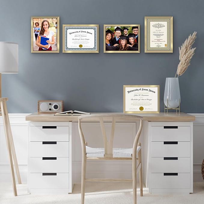 Americanflat 8.5x11 Diploma Frame with Polished Plexiglass - Set of 5 - Legacy Collection - Certificate Frame for Tabletop and Wall Display - Gold