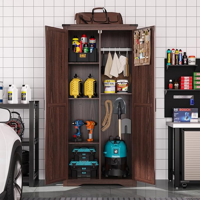 Tall Storage Cabinet with Adjustable Shelves, Farmhouse Pantry Organize with 2 Barn Doors, Large Freestanding Cabinet for Kitchen, Garage, Basement, Living, Utility Room, Brown
