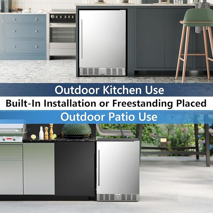 COWSAR Outdoor Refrigerator 24 Inch Wide, 180 Cans Fast Cooling Undercounter Built-in or Freestanding Stainless Steel Beverage Refrigerator, Powerful Cooling Compressor for Patio Kitchen, 32-50 °F