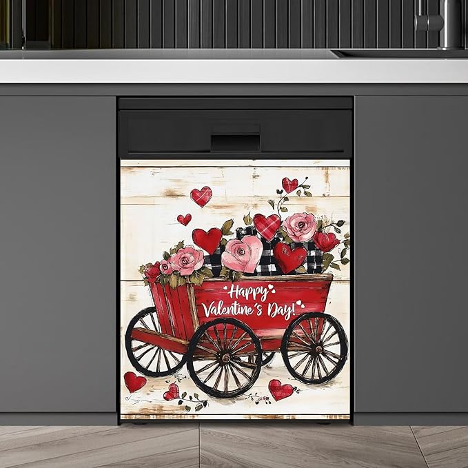 Happy Valentine's Day Dishwasher Magnet Cover,Rustic Red Wagon Floral Magnetic Dishwasher Cover Vinyl Sticker,Roses Fridge Door Cover Magnets Art Skin Panel Decal,Home Decor Decal,23"X26"