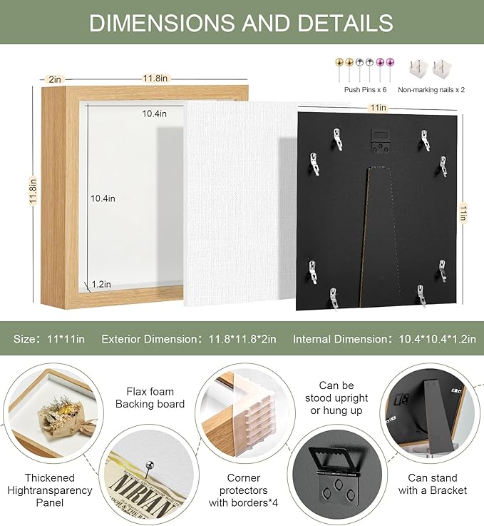 11x11 Shadow Box Display Case Picture Frame with Soft Linen Back, Deep Wood Color Shadow Box 11x11 for Flowers Medal Display Case Jersey pet Graduation Memorabilia Baby Ltems Crafts Photos