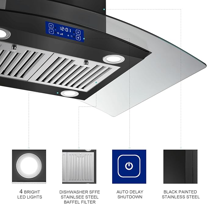 36 inch Island Range Hood 700CFM Black Painted Stainless Steel, Gesture & Touch Control Panel Ceiling Mount Kitchen Vent Hood Ducted/Ductless Convertible Extractor, Exhaust Fan 4 LED Lights