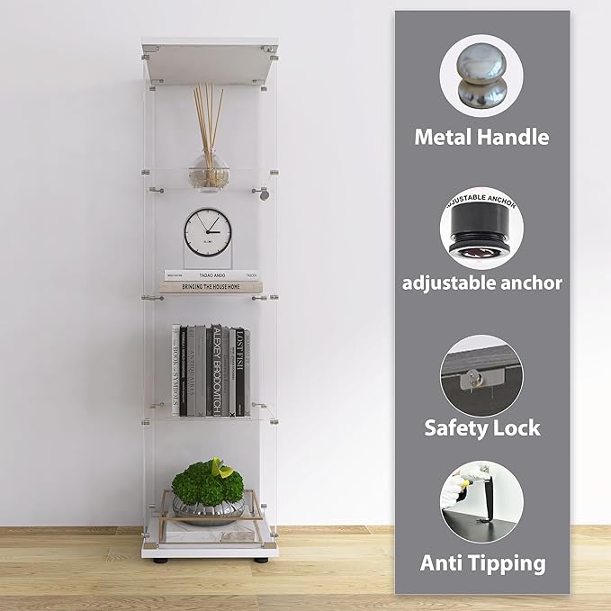 4-Shelf Glass Display Cabinet, Floor Standing Curio Bookshelf with Door & Locks, Toys & Trophy Display Case, for Living Room, Kitchen, Bedroom, Exhibition Hall (White)
