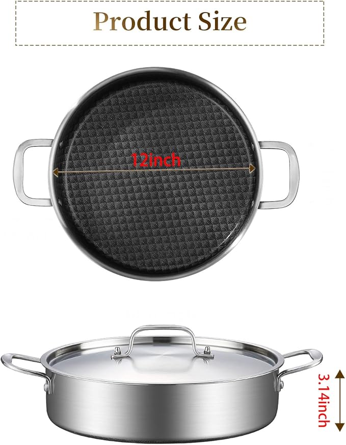 DELARLO Tri-Ply Stainless Steel Braiser Pan with Lid 5 Quart Nonstick Induction Rondeau Cooking Pot 12inch Deep Frying Pan Large Saute Pan Heavy Duty,Dishwasher and Oven Safe to 550℉