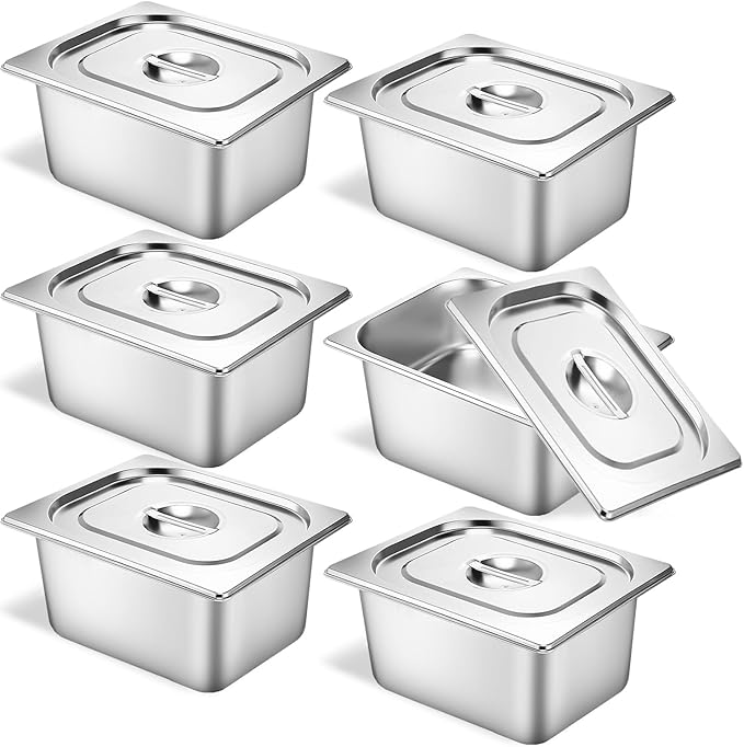 6 Set Stainless Steel Hotel Pans 1/2 Size 6 Inch Deep With Lids, Anti-Jam Chafing Steam Table Pans, Catering Food Storage Metal Pan