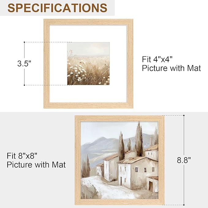 Vittanly 8x8 Picture Frame Set of 2, Solid Wood Frame for Wall or Tabletop, Display Photo 4x4 with Mat or 8x8 without Mat, Natural