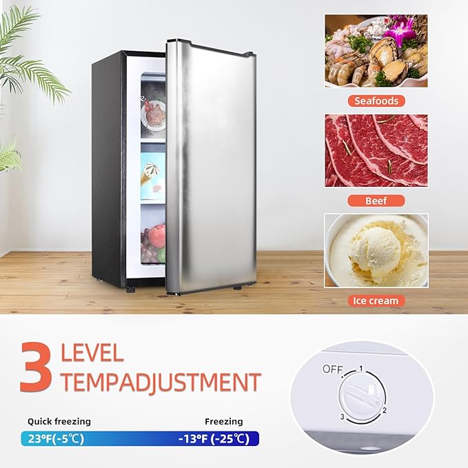 Upright Freezer with Reversible Single Door, 3.5 Cubic Feet Stainless Steel Compact Freezer, Silver Adjustable Thermostat Removable Shelves Mini Freezer, Applicable to Home, Kitchen, Office