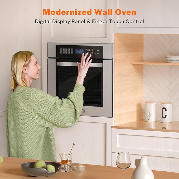 Empava 24 Inch Electric Single Wall Oven with 10 Cooking Modes, Convection Fan and Rotisserie, Screen Touch Control, Stainless Steel