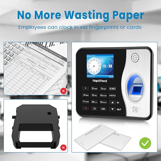 Time Clocks for Employees Small Business Automatic Calculate Hours, 0 Monthly Fees Fingerprint Time Clock, H3 Standalone Biometric Clock in Machine for Employees with 5 RFID Cards (No WiFi)