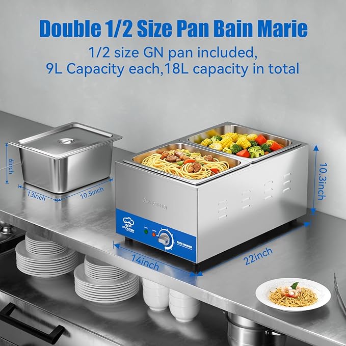 2-Pan Commercial Food Warmer with Non-Leakage Stretch-Forming Water Tank &2 of 1/2 Size GN Pan,18L Countertop Steam Table Soup Station Bain Marie for Buffet,Catering,Parties and Restaurants