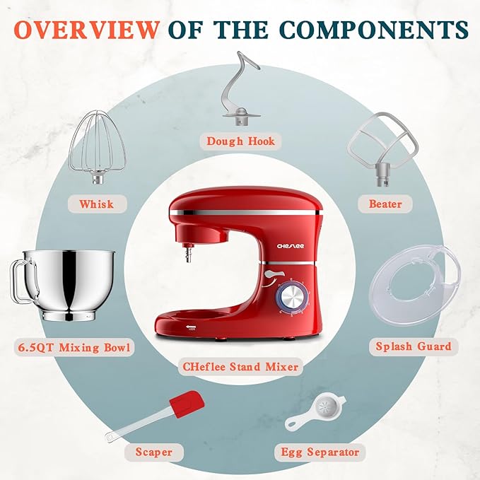 CHeflee Stand Mixer,660W 6+P With 6.5QT Stainless Steel Bowl,Dough Hook, Wire Whip & Beater,for Most Home Cooks (Red)
