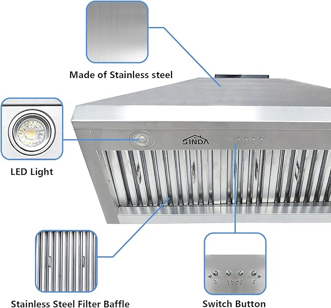 SINDA 30 Inch Built-In/Insert Range Hood, 4-Speed 610 CFM, Stainless Steel Under Cabinet Range Hood Kitchen Vent Hood with Liner and Internal Motor, 6" Duct, Adjustable Lights, Baffle Filter