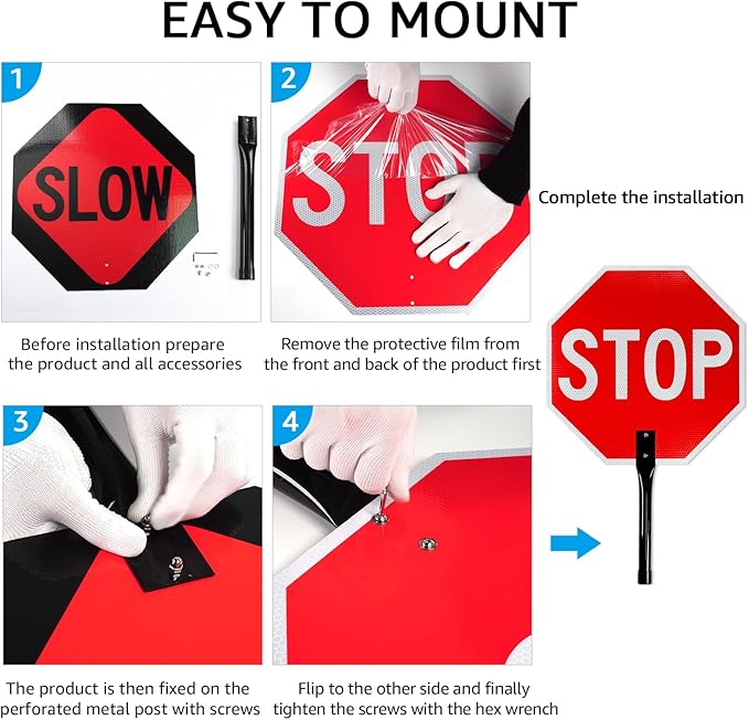 GicnKeuz Stop Slow Sign with Metal Handle, 18x18 inches Double Sided Slow/Stop sign, Traffic Reflective Aluminum Sign, Fade Resistant/Waterproof, Easy to Mount (2 Pack)