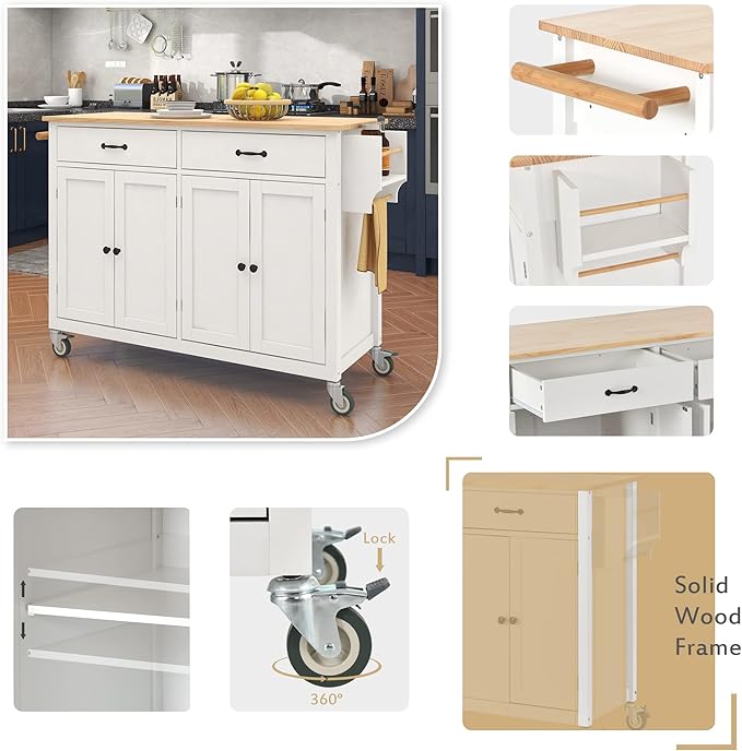 Favfurish Kitchen Island Cart on Locking Wheels with 4 Cabinet and 2 Drawers, Rolling Coffee Bar Trolley w/Solid Wood Tabletop, Adjustable Shelves, Spice & Towel Side Rack, for Dining Room, White
