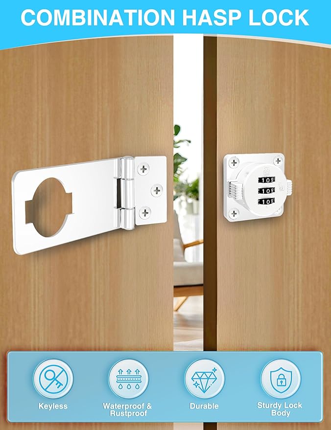 Keyless Cabinet Combination Lock, 3-Digit Password Twist Knob Hasp Latch for Doors, Cabinets, Drawers, Barn Door, Bathroom, Outdoor, Closet, Fence, Durable Zinc Alloy, (White, 2 Pack)