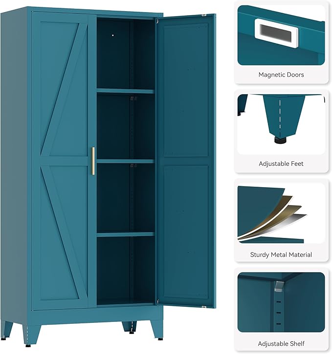 61" Tall Pantry Cabinet, White Metal Pantry Storage Cabinet, Kitchen Pantry Storage Cabinets with 2 Door and 3 Adjustable Shelves (Blue, 61" H)