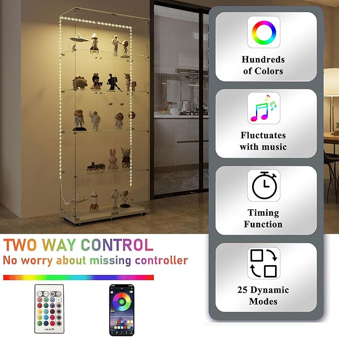 Glass Display Cabinet with LED Light Strip, 5 Shelves with 2 Doors, Glass Top Curio Storage Cabinets with Lock & Caster for Living Room,Floor Standing Bookshelf, Quick Installation - White