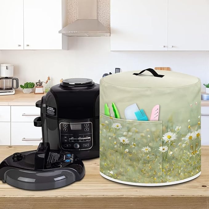 Insulated Pressure Cooker Appliance Cover, Also Fit for Rice Cooker, Air Fryer and Crock Pot, 8 Quart Dust Cover with Pocket for Kitchenware and Recipes, Washable, Daisy Floral Green