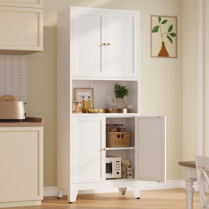 Metal Storage Cabinet, 69" Tall Bathroom Cabinets with 4 Doors & 3 Adjustable Shelves Large Cupboard, White Metal Pantry Cabinets for Kitchen, Home Office, Garage, Warehouse