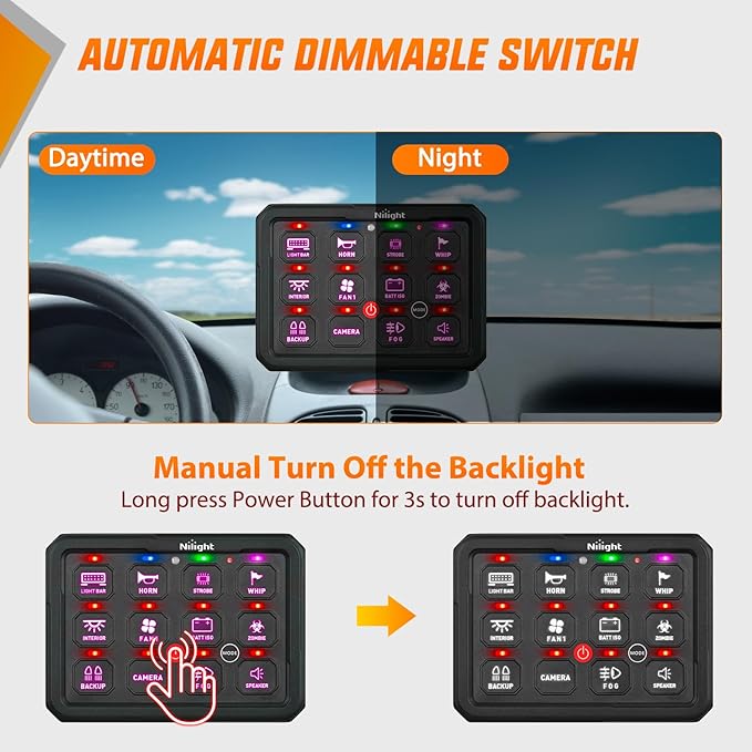 Nilight 12 Gang Switch Panel Circuit Control Relay System APP RGB Backlight Fuse Wiring Harness Toggle Momentary Strobe Flash Modes Automatic Dimmable 12V 24V for Car Truck Camper SUV