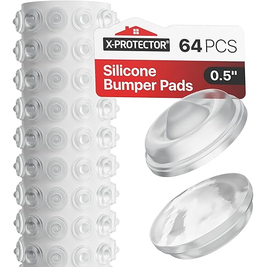 X-Protector Cabinet Door Bumpers 64 PCS – 1/2" Silicone Clear Bumpers – Ideal Cabinet Bumpers – Self-Adhesive Thick Door Silencer – Bumper Pads to Protect Glass & Other Surfaces!