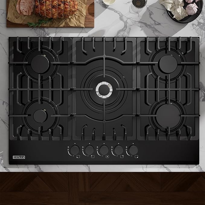 Empava 30 in. Gas Stove Cooktop 5 Italy Sabaf Sealed Burners NG/LPG Convertible in Black Tempered Glass, 30 Inch