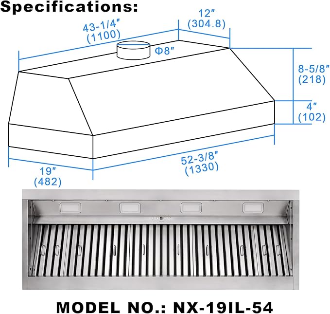 Akicon Range Hood Insert 54 Inch, 1200 CFM Built-in Kitchen Hood with 4 Speeds, Ultra-Quiet Stainless Steel Ducted Vent Hood Insert with Dimmable LED Lights and Dishwasher Safe Filters