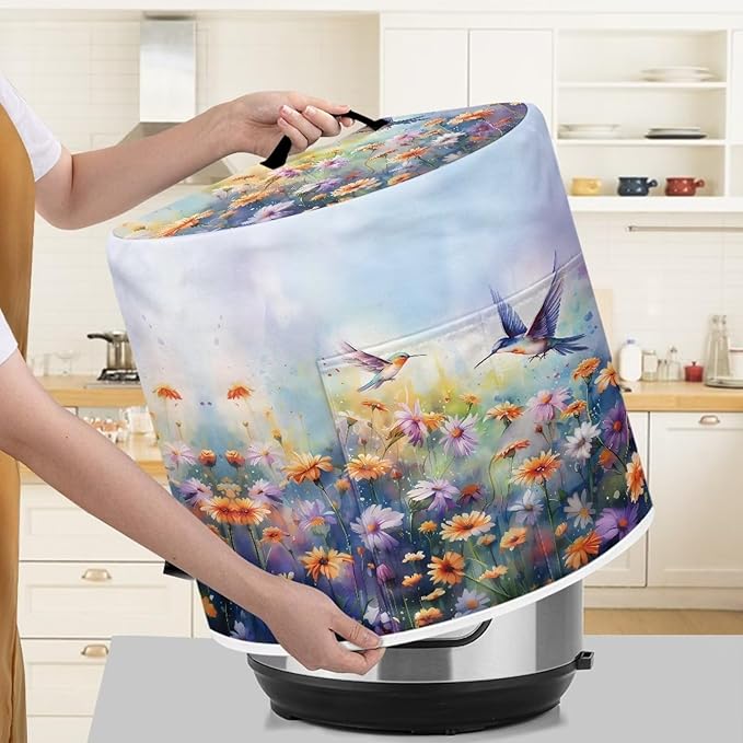 Xoenoiee Hummingbird Beautiful Floral Print Pressure Cooker Cover Kitchen Appliance Dust Cover with Pockets Compatible with Rice Cooker Air Fryer Slow Cooker, for 8 Qt Pot