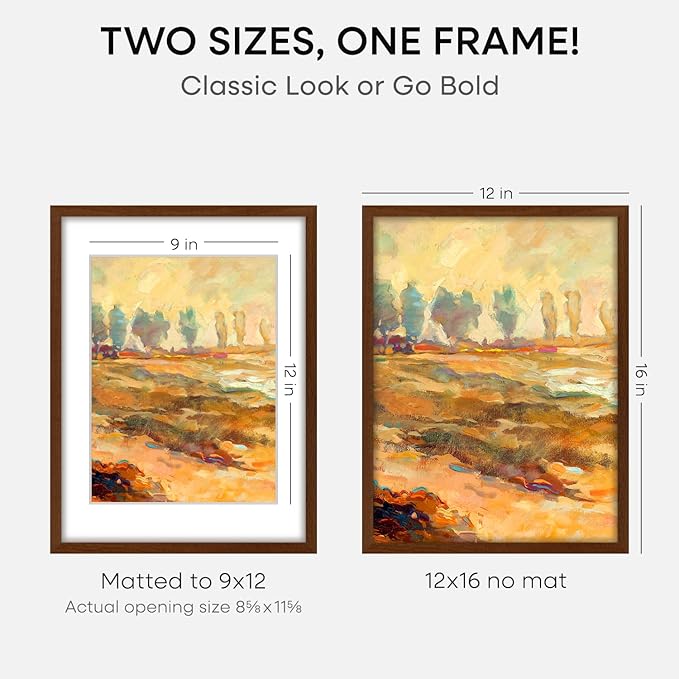 Homeforia 12x16 Picture Frame Brown, High End Dark Oak 12x16 Walnut Wood Poster Frame with Mat 9x12 Print, 12 x 16 Wooden Frame Matted to 9 x 12 Photo, 16x12 Frames, Tempered Glass, Wall Kit, Set of 4