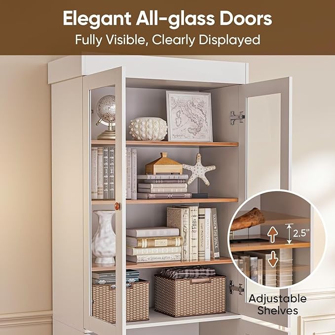 Vyre 71" Tall Farmhouse Kitchen Pantry, Set of 3 Large Storage Cabinets with Glass Doors, Adjustable Shelves, Wood Versatile Hutch Cabinet for Living Room, Dining Room, Kitchen
