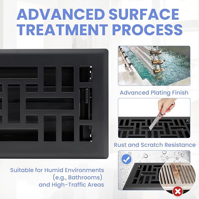 4x12 Inches 4 Pack Heavy Duty Walkable Floor Register - Easy Adjust Air Supply Lever Decorative Floor Vent Covers, Seattle Design Vent Covers for Home - Matte Black