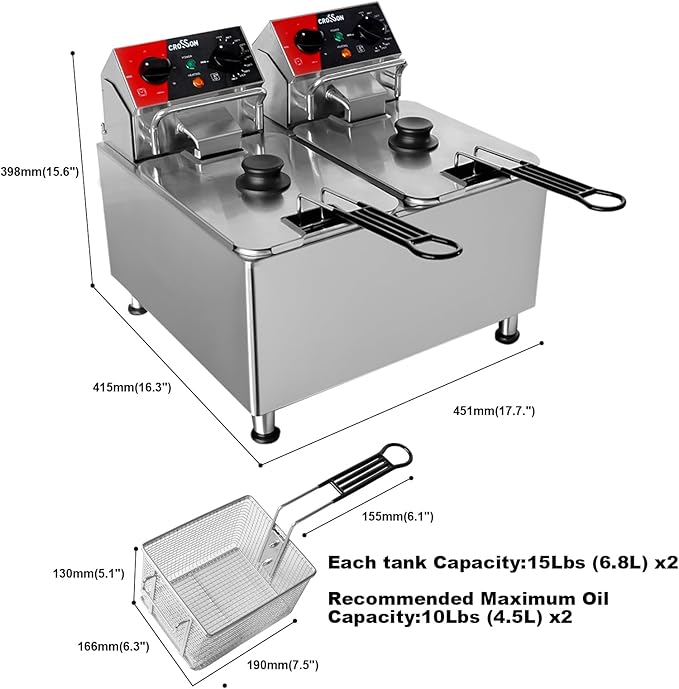 CROSSON 20Lbs Dual Tank Electric Deep Fryer with Rotary fryer head,30 Minitues Timer,Removable 304 SS Oil Tank with Handle,9L Countertop Deep Fryer for Home Use