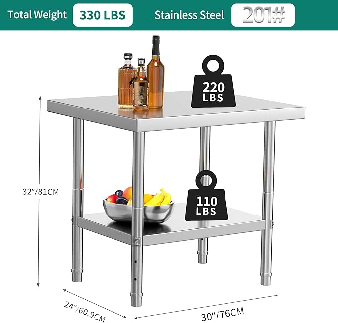 YITAHOME NSF Stainless Steel Table, 30" X 24" Work Table, 2 Shelves Metal Prep Worktable for Home Kitchen Restaurant Garage Warehouse Outdoor