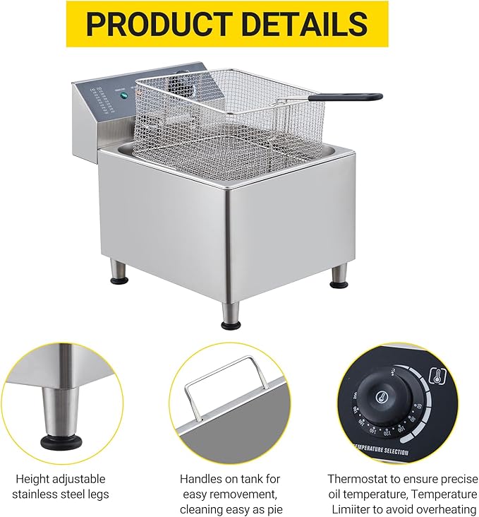 11L Commercial Deep Fryer | 201 Stainless Steel Electric Countertop Fryer with XL Basket | 1700W 110V for Restaurant & Home Use