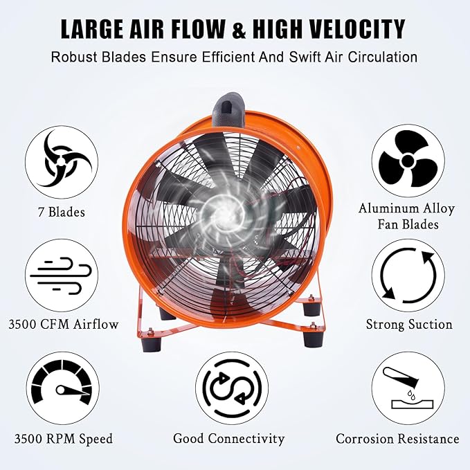 12 in Utility Blower Exhaust Fan with 32.8 ft Duct, 3500 r/min & 3500 CFM Heavy Duty Blower Fan, High Velocity Low Noise Extraction and Ventilation Fan for Ventilating Workshops, Confined Space