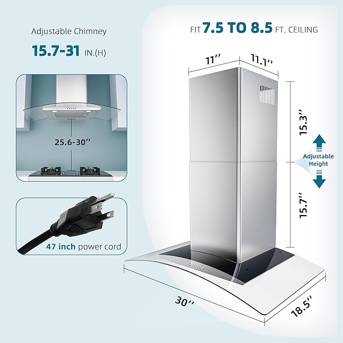 Range Hood 30 Inch, FIREGAS Ducted/Ductless Convertible Wall Mount Range Hood with Tempered Glass, 3 Speed Fan, 400CFM, Button Control, LED Light, Stainless Steel Filters, include 2 Charcoal Filters