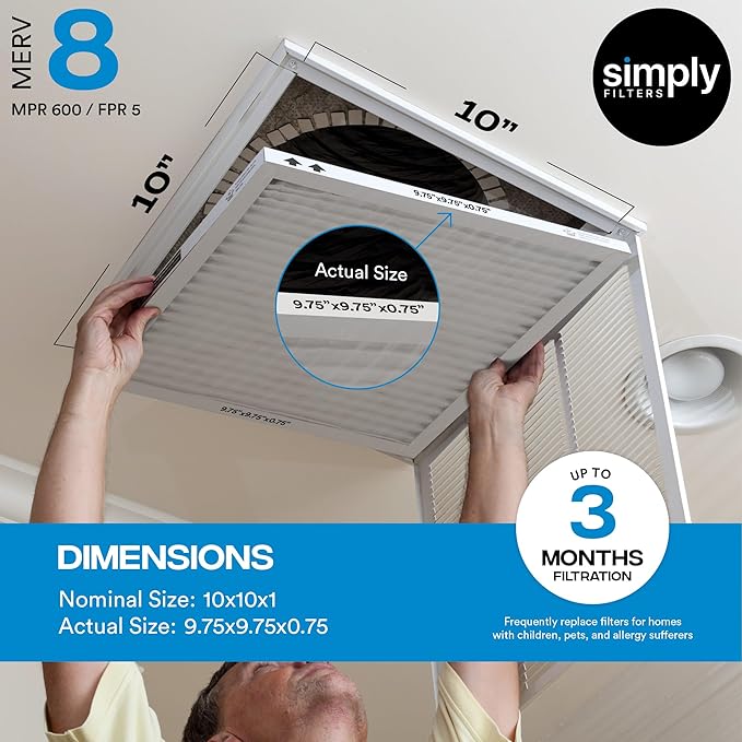 Simply 10x14x1 Air Filter, Merv 8, 6 Pack, For Home AC Furnace & HVAC (Actual Size: 9.75"x13.75"x0.75") DUST, Pet, & Allergy Control