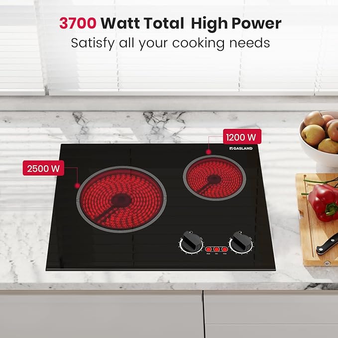 GASLAND Apartment Electric Cooktop 2 Burners, 21 Inch Built in Radiant Glass Stove Top, UL Certified, 3700W Ceramic Electric Stovetop, 9 Heating Levels, Knobs Control, Instant Heating Up, 240V