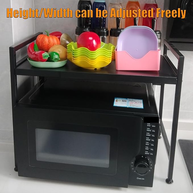 Extendable Microwave Oven Stand, Adjustable Microwave rack Toaster Shelf, Heavy Duty Rack 2 Tier Kitchen Counter Top Organizer with 6 Hooks for Kitchen