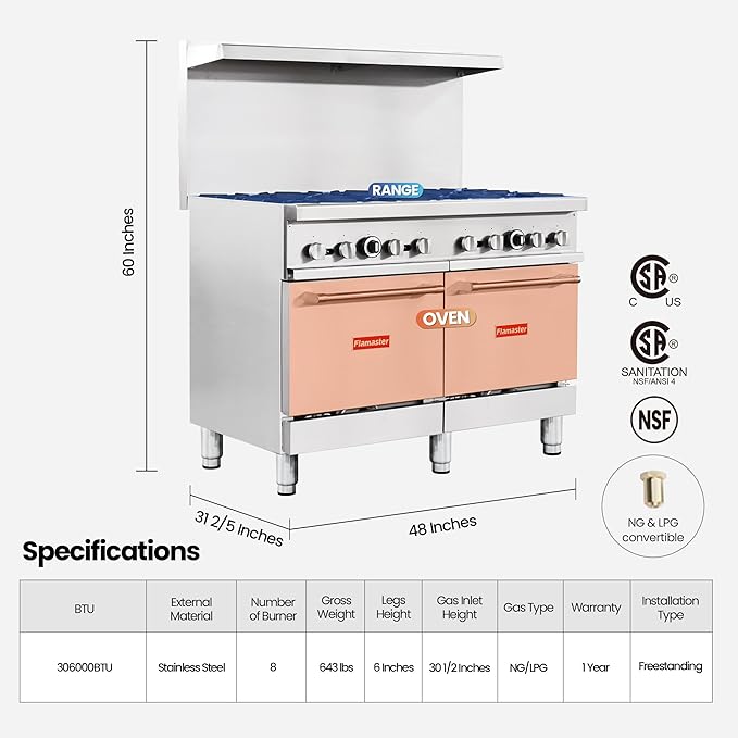 Commercial 48" Gas Range with Convection Oven, 8 Open Burners and Under Full Size Oven 240000 BTU & 33000 Static Oven,NG/LPG Conversion kit, Manual Gas Valve,Freestanding Gas Range for Restaurants