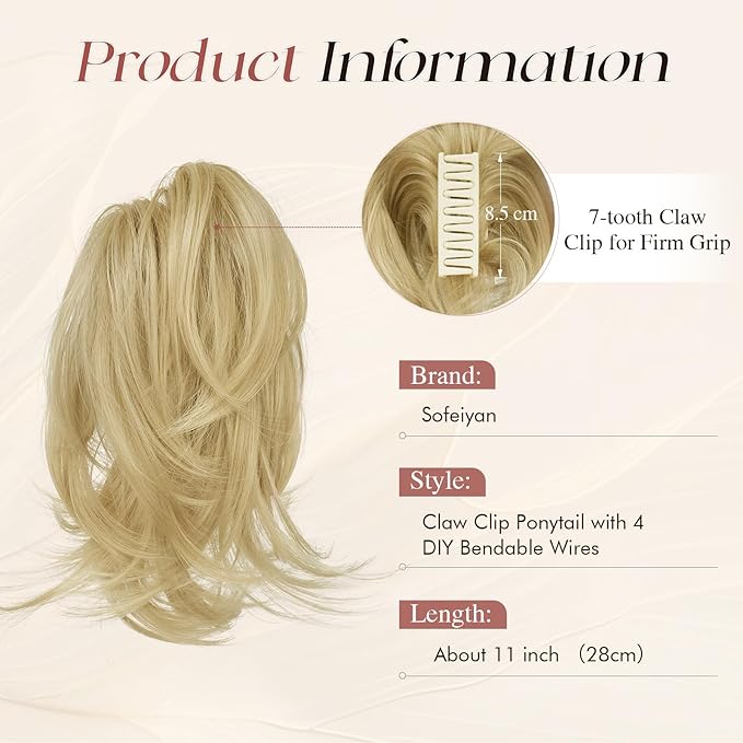 SOFEIYAN Claw Clip Short Ponytail Extension DIY Bendable Wires Hair Bun Fluffy Fake Hair Piece Straight Synthetic Hair Ponytail Extensions for Wonen - Ash Blonde & Golden Highlights