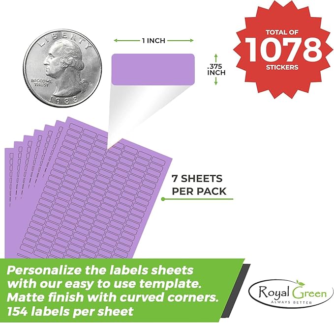 Labels Printable Sticker Paper Sheets for Printers in Purple - 1078 Pack, Small Printing Labels 1 inch x 0.375 inch for Laser Printers with Template Included, 7 Full Sheets