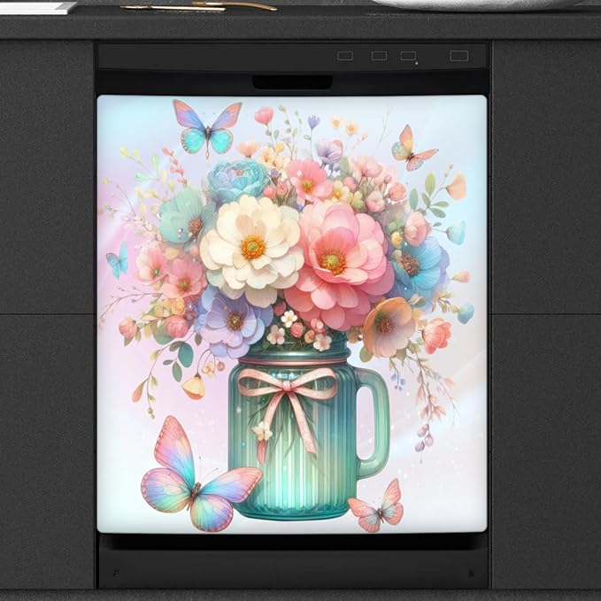 Flower Butterfly Dishwasher Magnet Cover for The Front Dishwasher Door Cover Panel Decals Magnetic Refrigerator Cover for Kitchen Farmhouse Home Decor 23 X 26 in