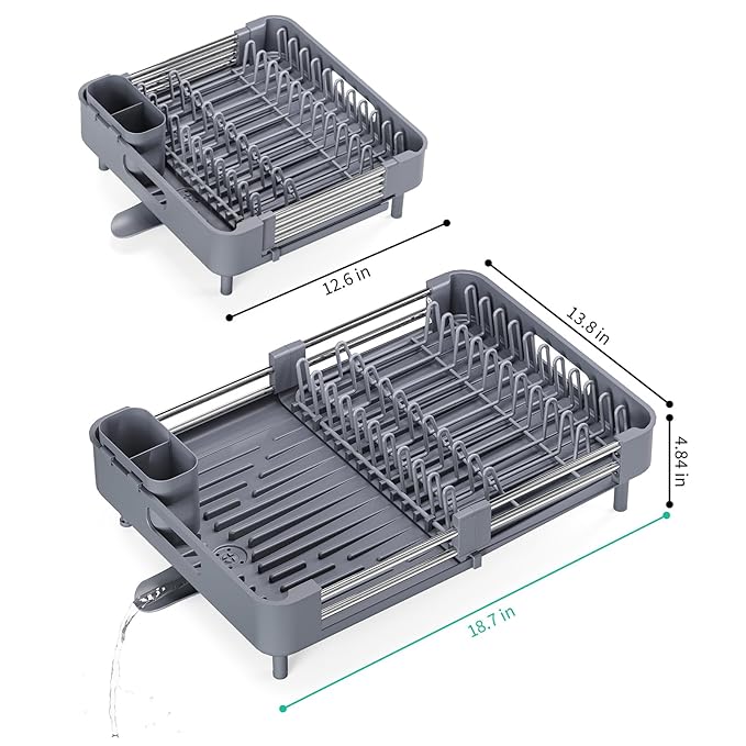 TOOLF Dish Drying Rack with Drainboard, Extendable Dish Rack for Kitchen Counter, Expandable Dish Drainer, Dish Strainer, Foldable Home Countertop Plate Storage Rack with Cutlery Holder, Gray