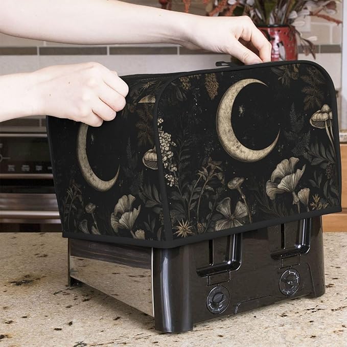 4 Slice Toaster Cover for Kitchen Vintage Botanical Moon Waterproof and Dustproof Toaster Dust Cover with Side Pockets Decorative Universal Cover for Wide Slot Toasters and Small Appliances