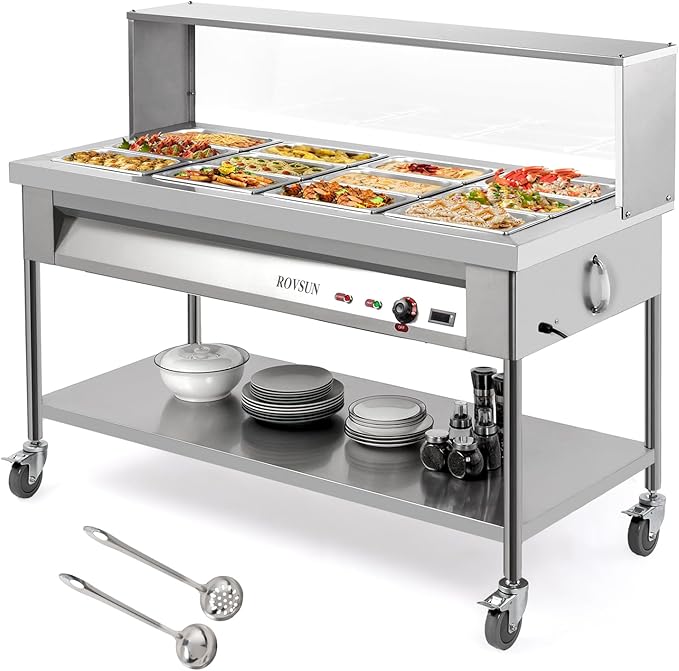 ROVSUN 96QT Steam Table, 12-Pan Electric Commercial Food Warmer Stainless Steel Bain Marie w/Acrylic Shield Overshelf Undershelf Temperature Control & Lid for Party Restaurant 8QT/Pan 1500W 110V
